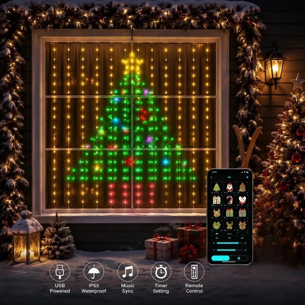 Led Fairy String Lights - LED-Pixel-Lichtvorhang mit Bluetooth-App-Steuerung, RGB-Smart-Lichterkette, DIY-Fensterdekoration für